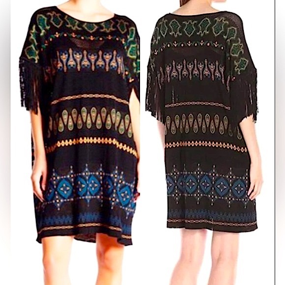 Rachel Zoe Black Blue & Yellow Boho Crochet Fringe Dress Size small oversized